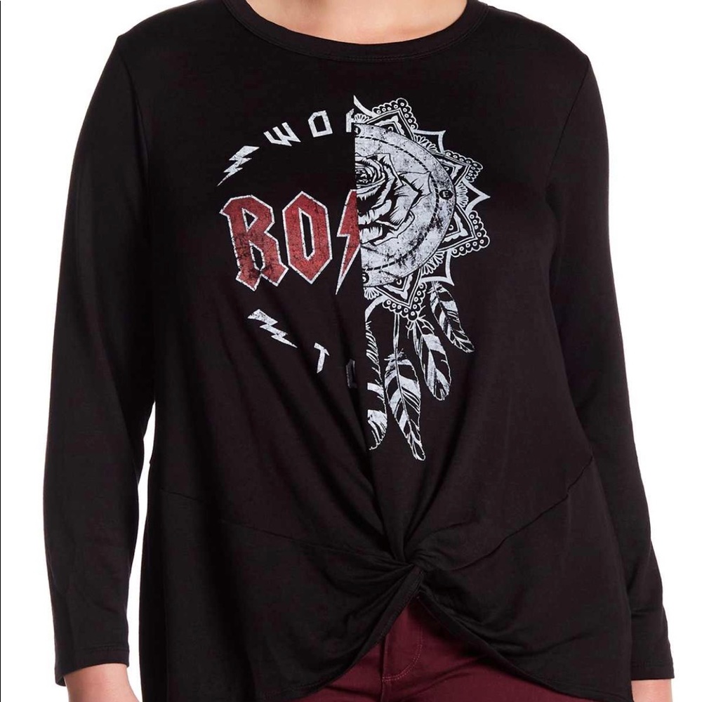 Black long sleeve twist front tee screen tee H.I.P